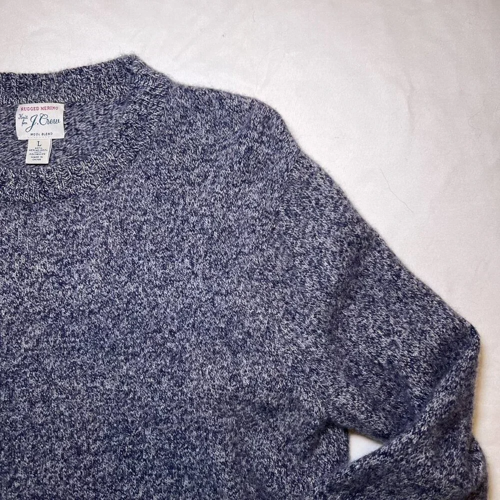 J.Crew Rugged Merino‎ Wool Sweater Mens L Blue Marl Crewneck Preppy Classic